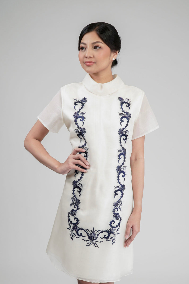 modern barong dress design White Silk Cocoon Embroidered Barong Dress
