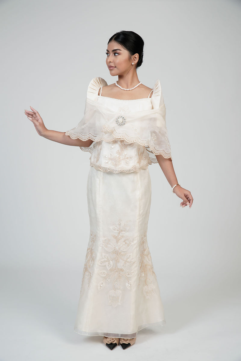 Women's Filipiniana Organza Martha Dress in Beige Women's Filipiniana Organza Martha Dress in Beige