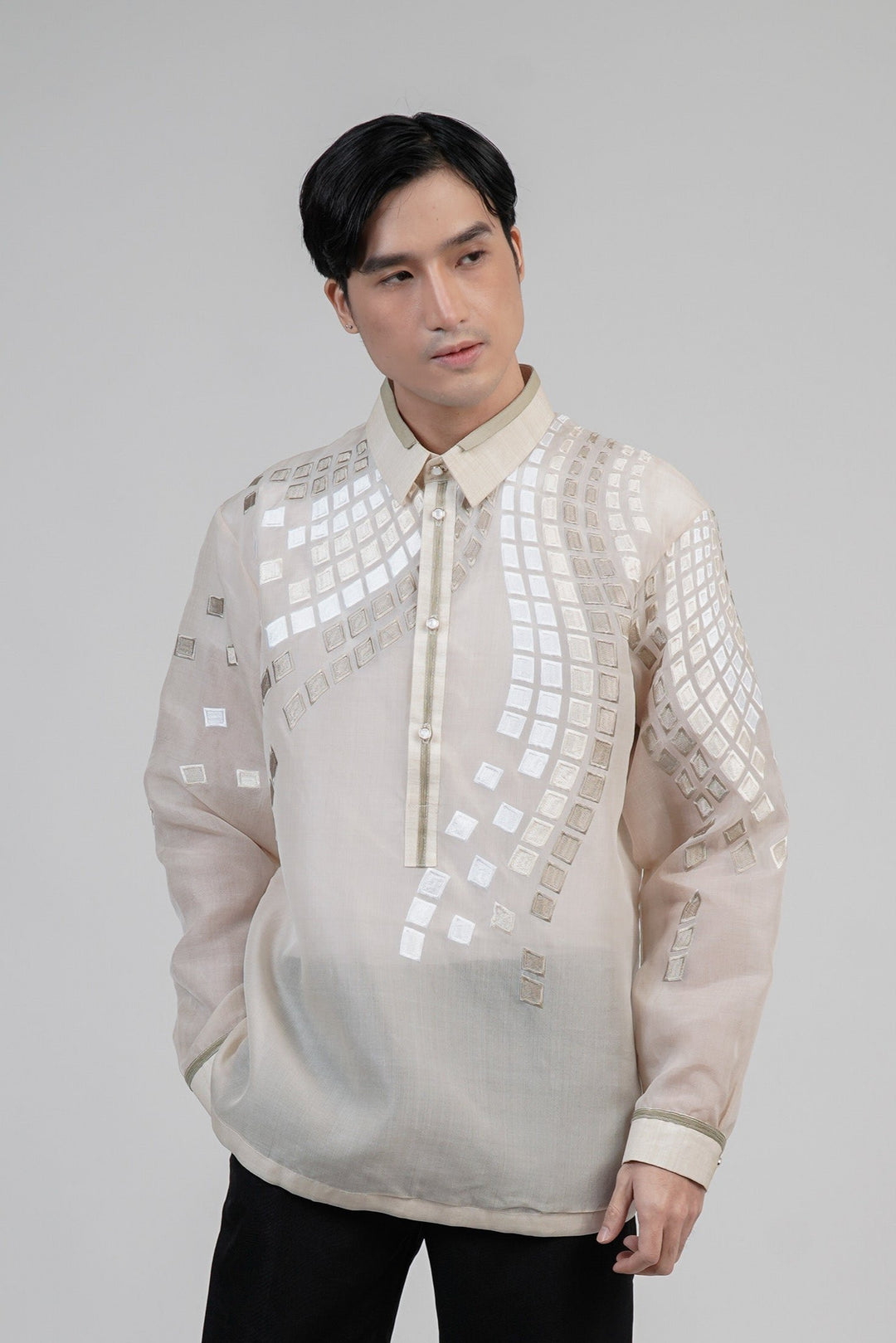 Men's Jusi Barong with Capiz Design in two tone Color | Kultura Filipino M Men's Jusi Barong with Capiz Design in two tone Color | Kultura Filipino M