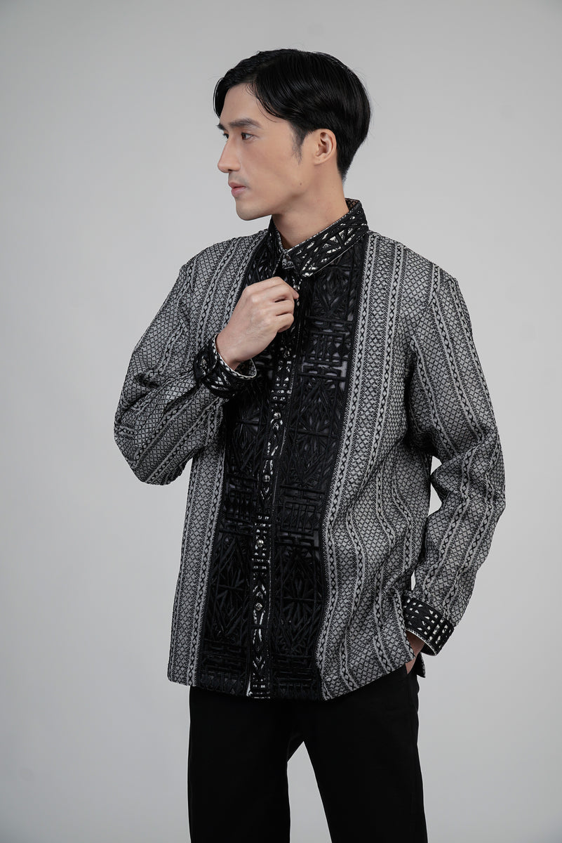 Men's Fully Calado Barong with Straight Cutworks in Black | Kultura ...