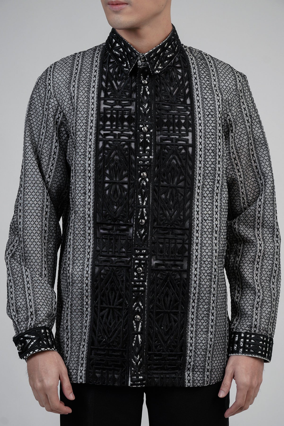 Men's Fully Calado Barong with Straight Cutworks in Black | Kultura ...