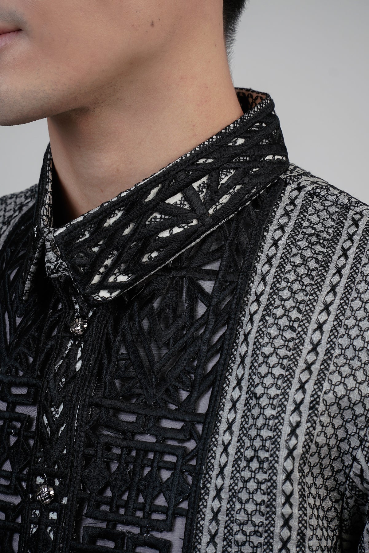 Men's Fully Calado Barong with Straight Cutworks in Black | Kultura ...
