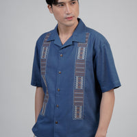 Open Collar Shirt with Ethnic Embroidery in Blue