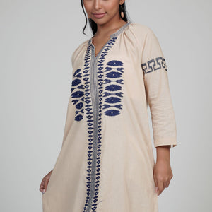 Women's Raglan V-Neck Dress with Ethnic Embroidery