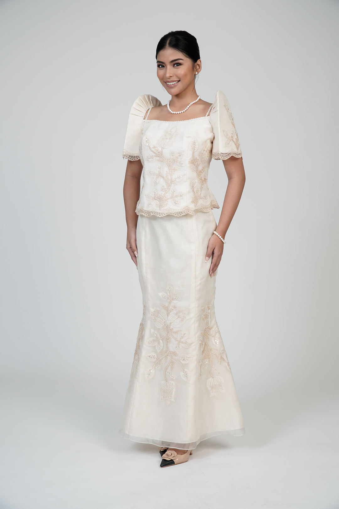 organza filipiniana dress Women's Filipiñiana Martha in Beige virelle 36 Hips Size:XL 17-17.5 ( 34/35) Champagne Wedding Dress with