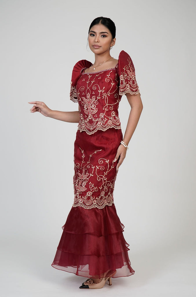 Women's Filipiiana Organza Ophelia Gown in Red | Kultura Filipino M