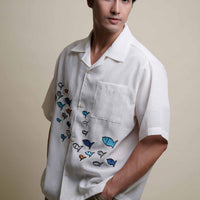 Men's Linen Polo with Patchwork Fish Sheer in Natural