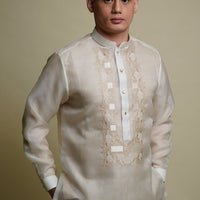 Men's Cocoon Long Sleeves Barong with Machine Embroidery in Beige