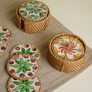 Round Rattan Capiz Coaster with Case Floral Set of 6