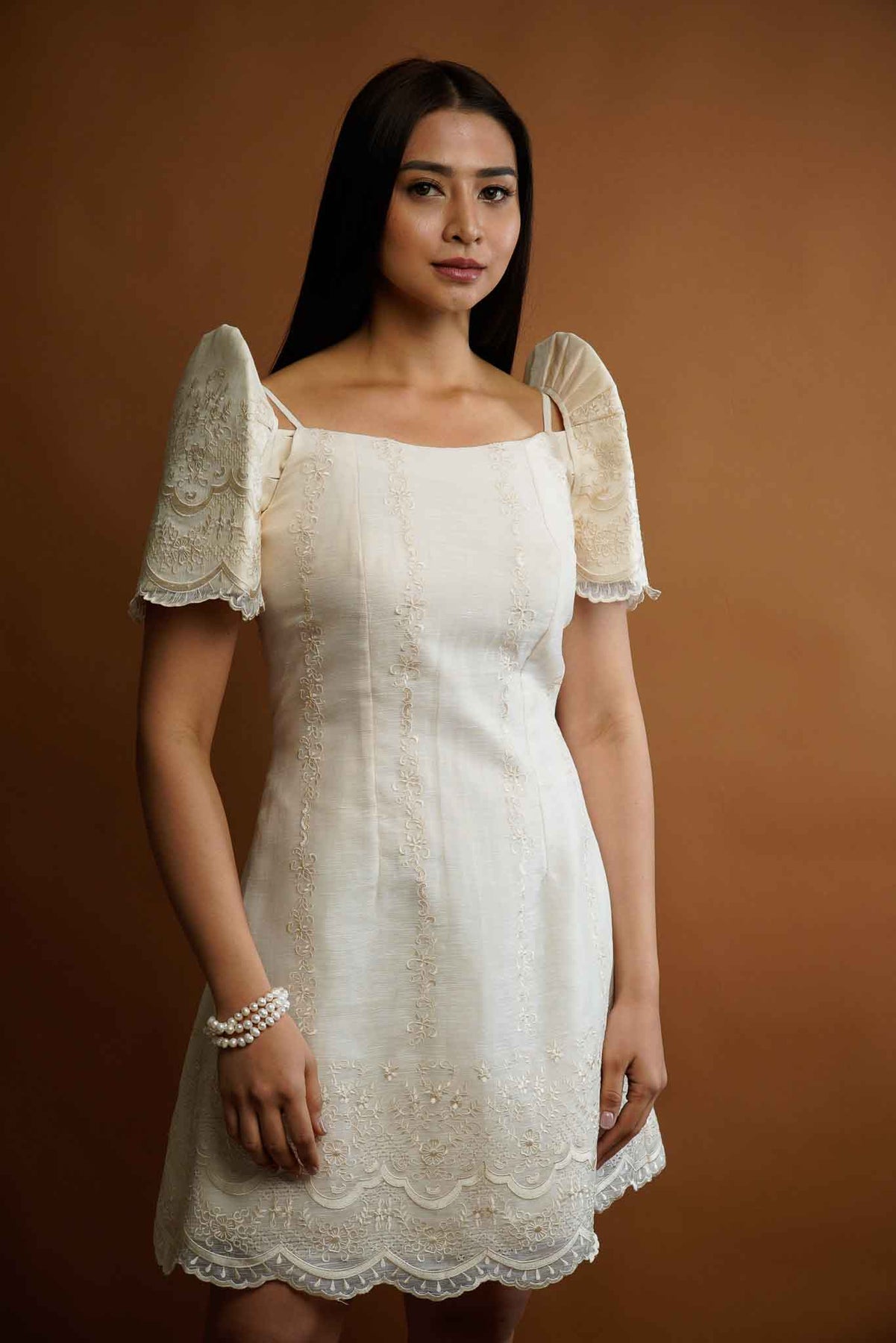 Women's Filipiniana Dress with Detachable Sleeves in Beige | Kultura Filipino M Women's Filipiniana Dress with Detachable Sleeves in Beige | Kultura Filipino M
