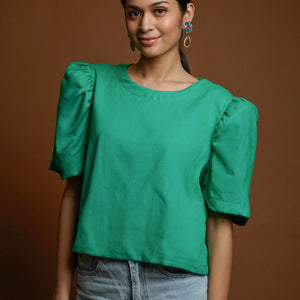Women's Puff Sleeves Top in Emerald Green