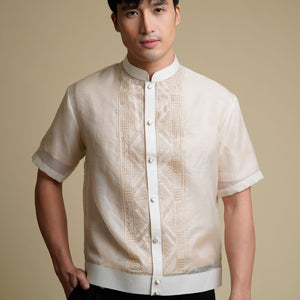 Men's Pina Cocoon Embroidered Barong in Natural