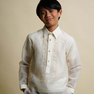 Boys Snow Organdy Long Sleeve Barong with Curved Lines Embroidery