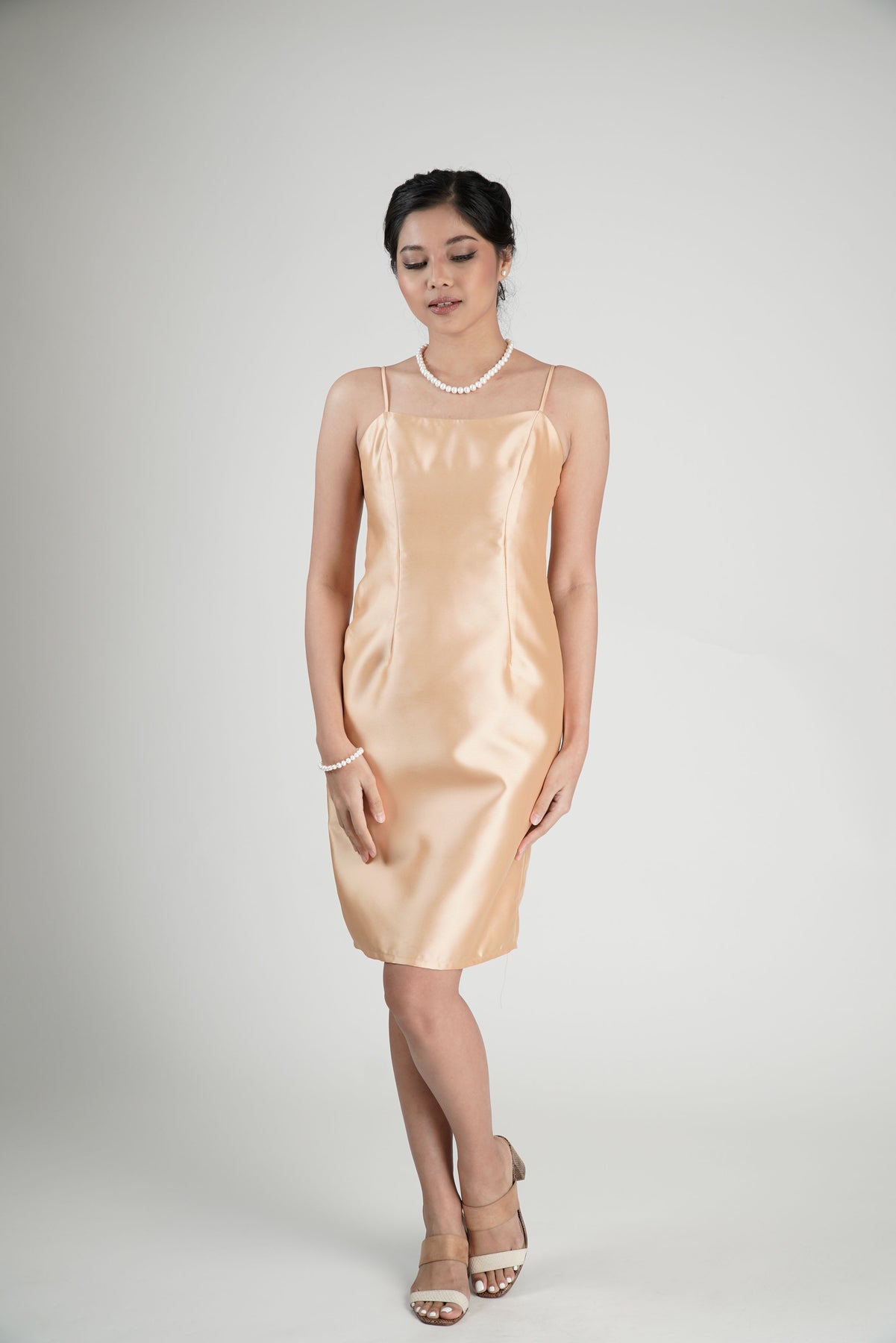 Women's Mikado Spaghetti Strap Dress in Beige Kultura Filipino | Support Local Women's Mikado Spaghetti Strap Dress in Beige Kultura Filipino | Support Local