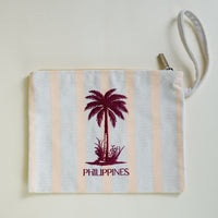 Kultura Striped Canvas Pouch with Embroidered Palm Tree and Philippines Detail