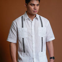 Men's Guayabera Short Sleeves Top with Gray Strip