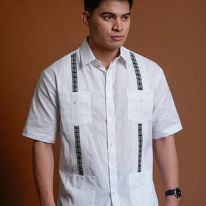 Men's Guayabera Short Sleeves Top with Gray Strip