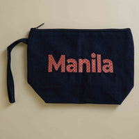 Embroidered Canvas Pouch with Wristlet – Dark Blue Travel Pouch