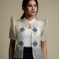 Women's Silk Cocoon Barong Top with Dark Blue Embroidery
