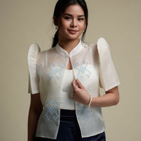 Women's Silk Cocoon Barong Top with Light Blue Embroidery