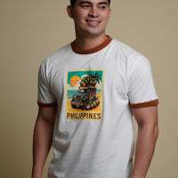 Men's Ringer Tee Coconut Jeepney Beach in Rust