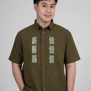 Men's Linen Polo with Floral Embroidery in Dark Green