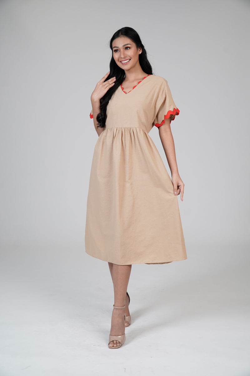 midi dress philippines Women's Midi Dress with Ricrac Design in Beige S