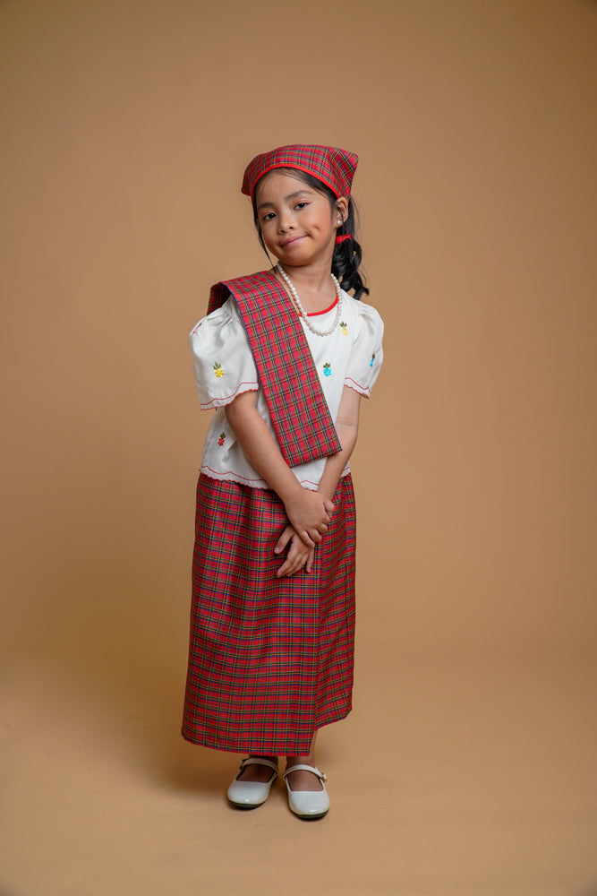 filipino dress traditional Girl's Top and Plaid Skirt Set with Alampay and Bandana 8