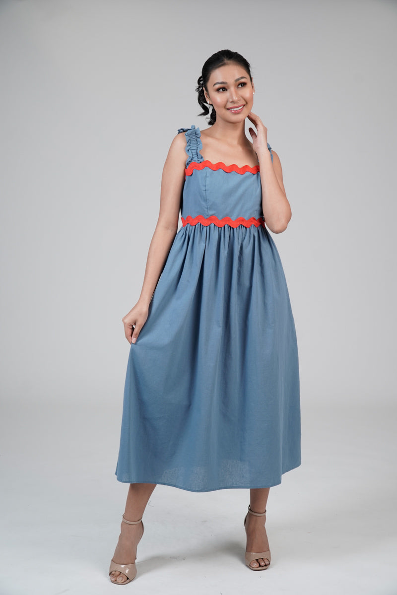 Women's Midi Sleeveless Dress with Ricrac Design in Blue – Kultura Filipino 