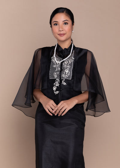 Women's Long Back Silk Cocoon Cape Barong in Black - Kultura Filipino | Support Local