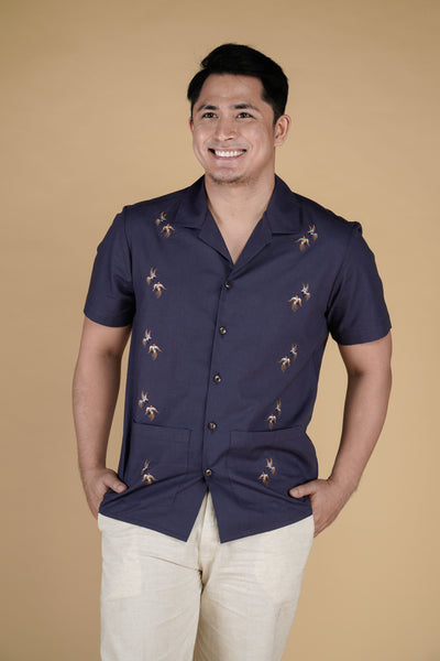 ﻿Men's Blue Embroidered Cotton Shirt at Kultura Filipino Online Store