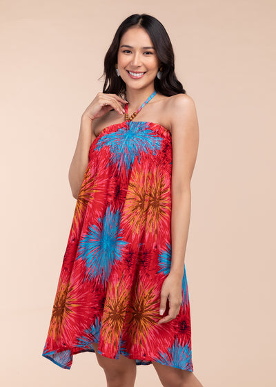Short Smocking Dress with Leaf Print - Kultura Filipino